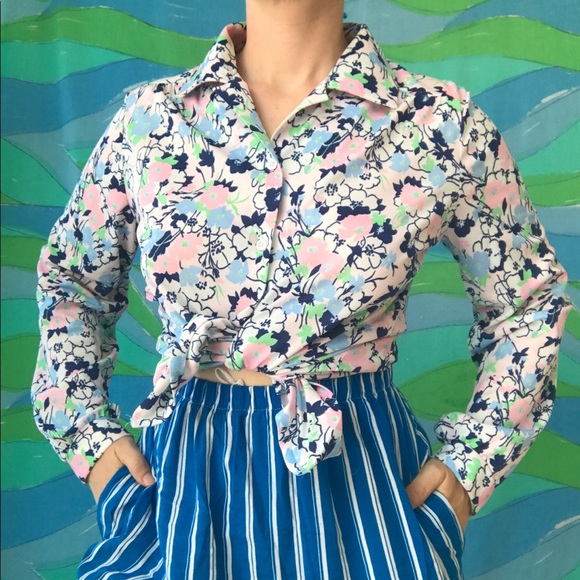 VINTAGE 70s pastel floral button front blouse - Picture 3 of 4